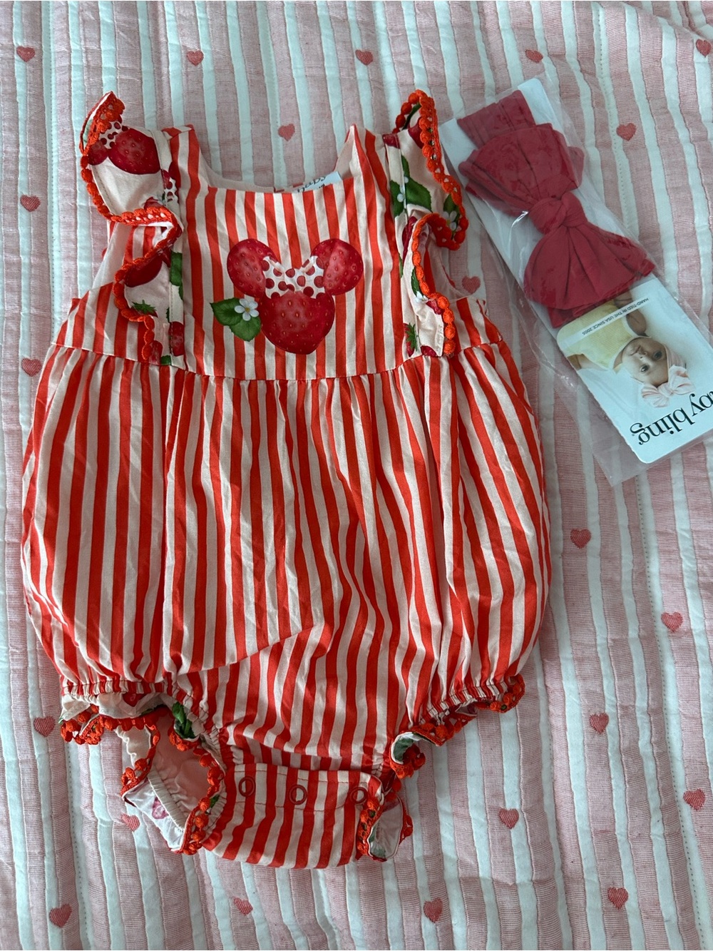 Striped Red Strawberry Bubble Romper with Bow Headband - Baby